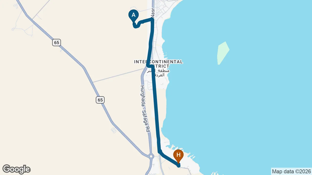 Driving route from Hurghada Airport to Mirage Bay Resort